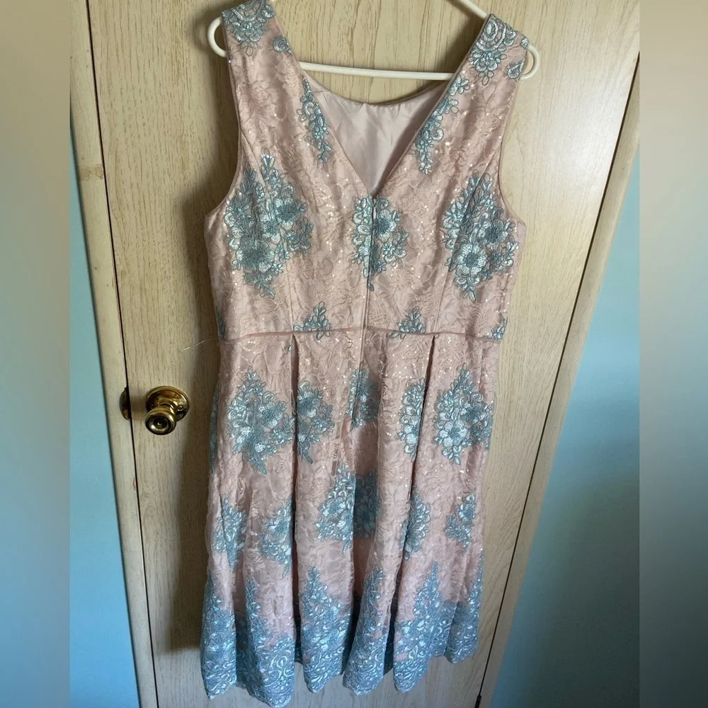 Adrianna Papell Cocktail Dress Blush Pink Baby blue Lace Fit & Flare Sz 18 READ